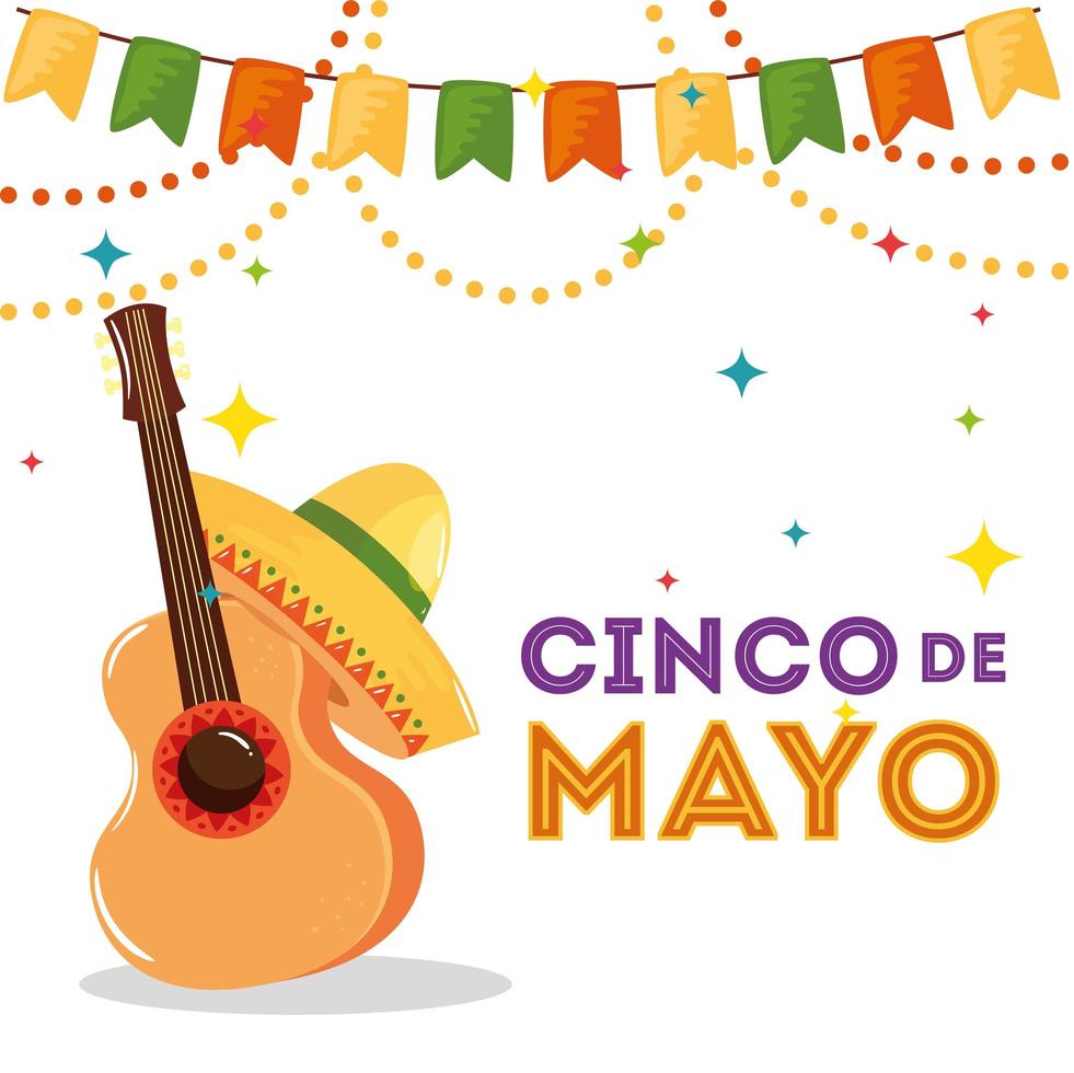 cinco de mayo poster with guitar and decoration vector