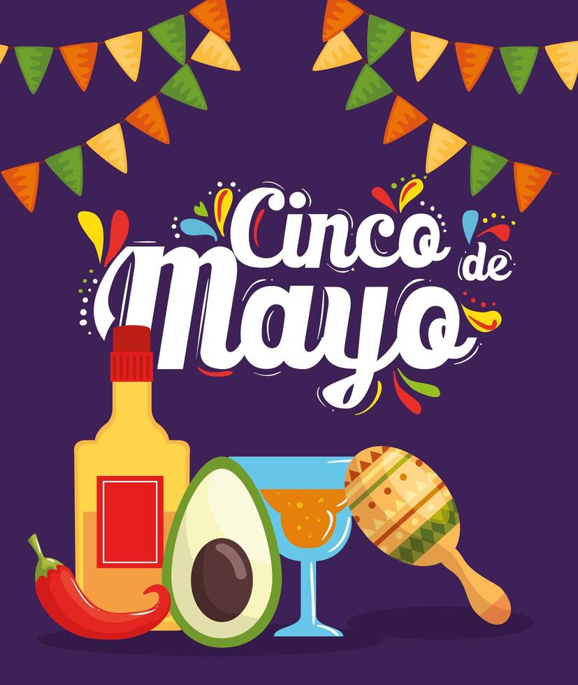 cartel del cinco de mayo con decoración de cócteles e iconos vector