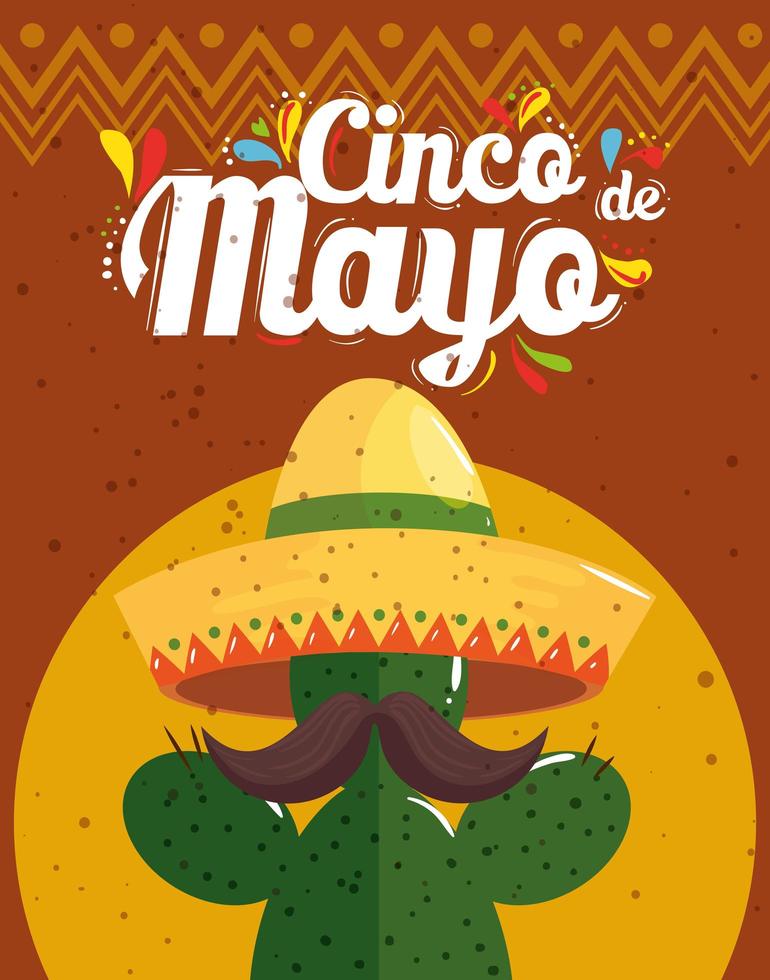 cartel del cinco de mayo con cactus y sombrero de mimbre vector