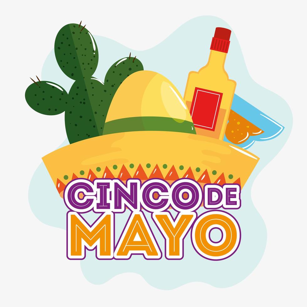 cartel del cinco de mayo con sombrero de mimbre y decoración vector