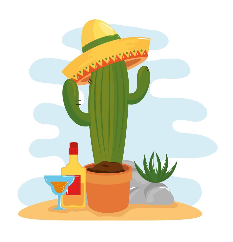cactus and icons traditional of cinco de mayo vector