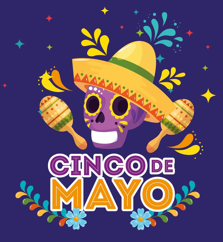 cartel del cinco de mayo con decoración de calavera e iconos vector