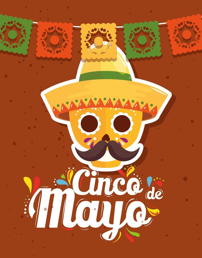 cartel del cinco de mayo con decoración de calavera e iconos vector