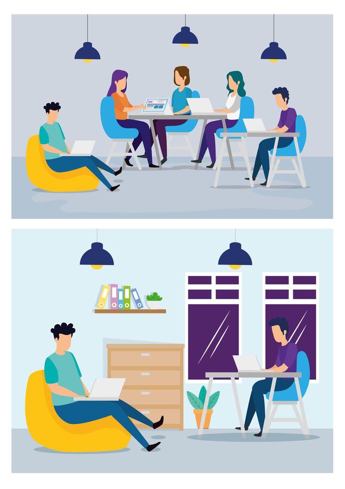 scenes of coworking with people in workplace vector