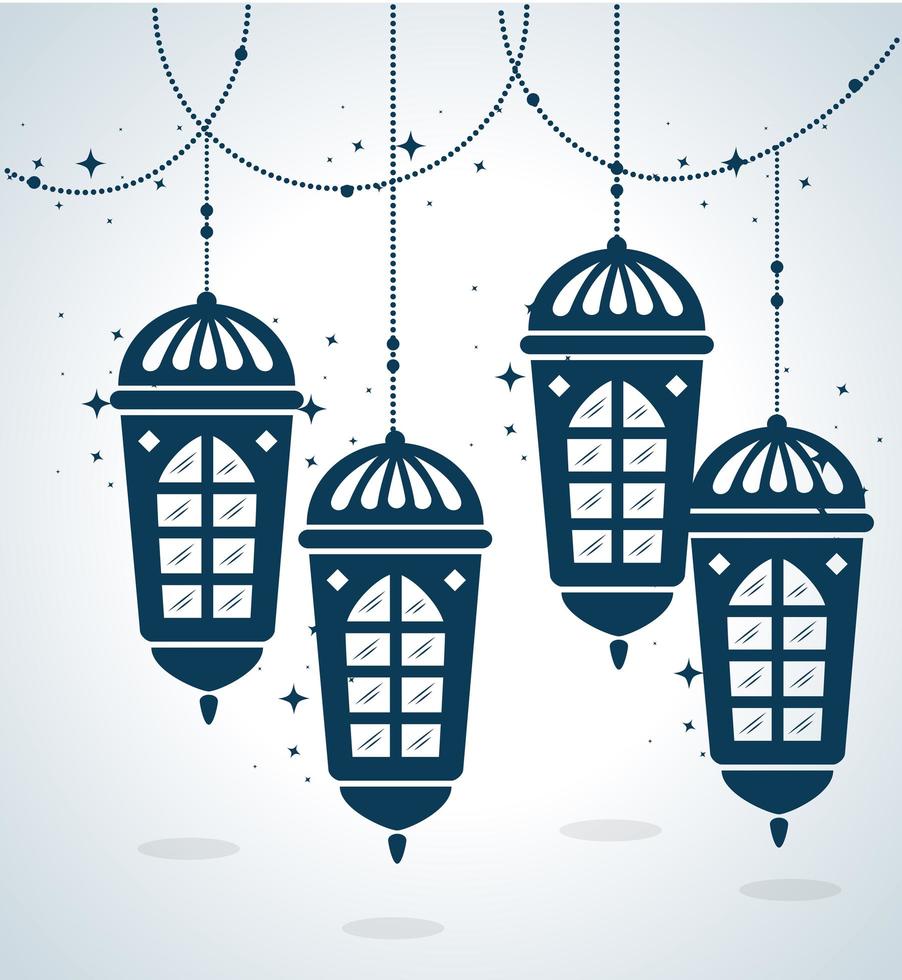 ramadan kareem poster with lanterns hanging vector