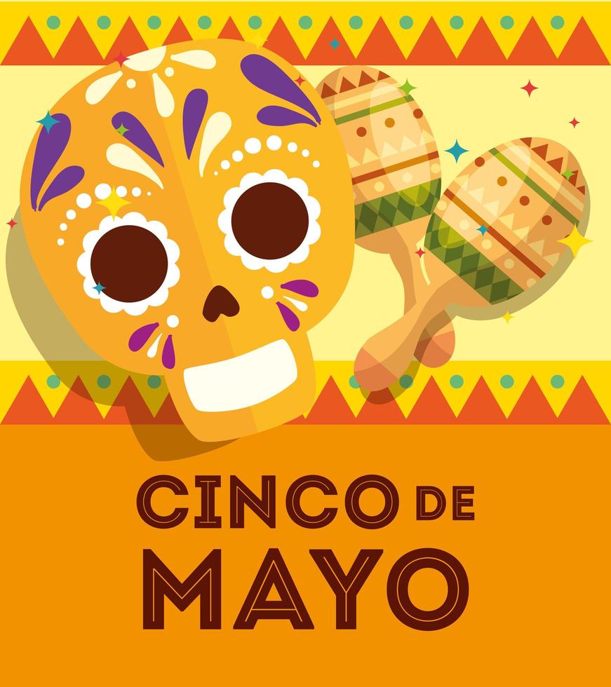 cinco de mayo poster with skull and decoration vector