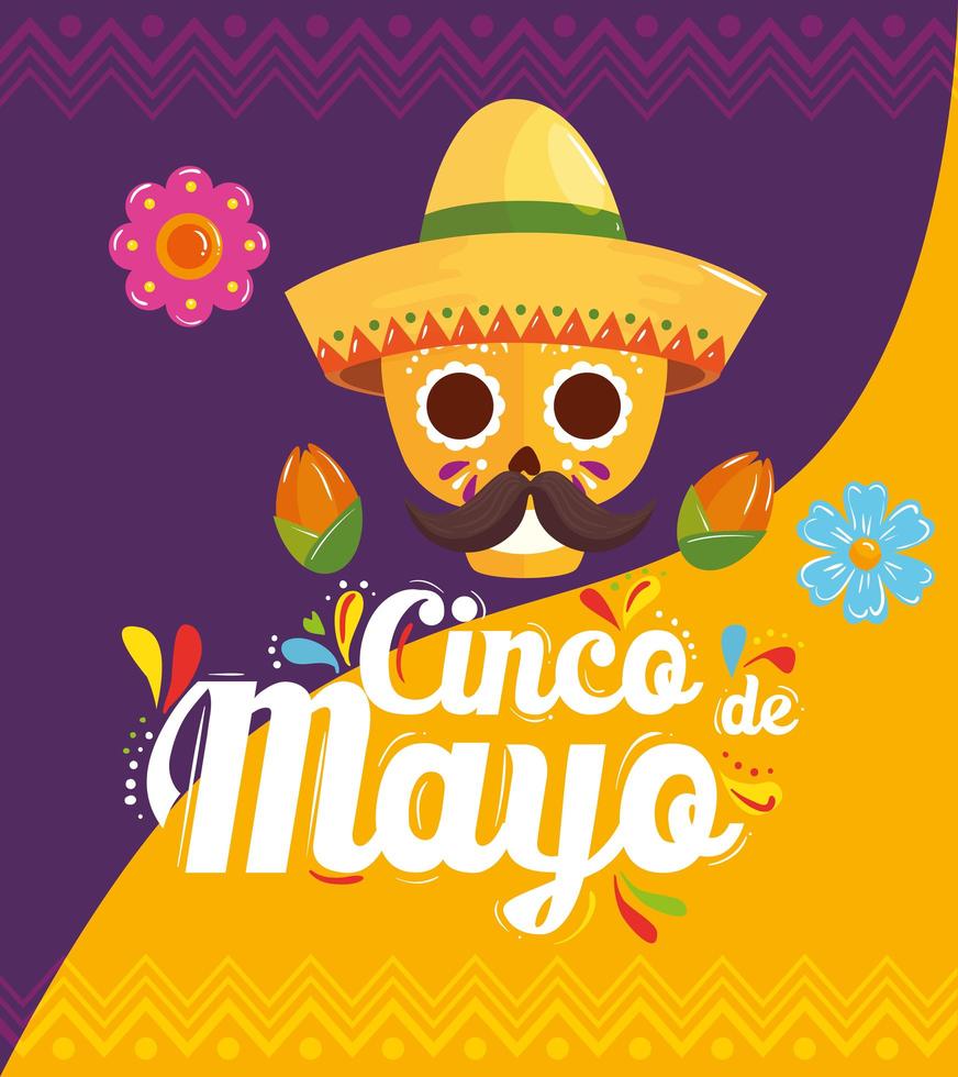 cinco de mayo poster with skull and decoration vector