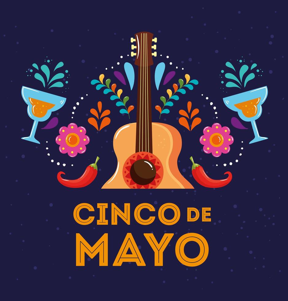 cinco de mayo poster with guitar and decoration vector