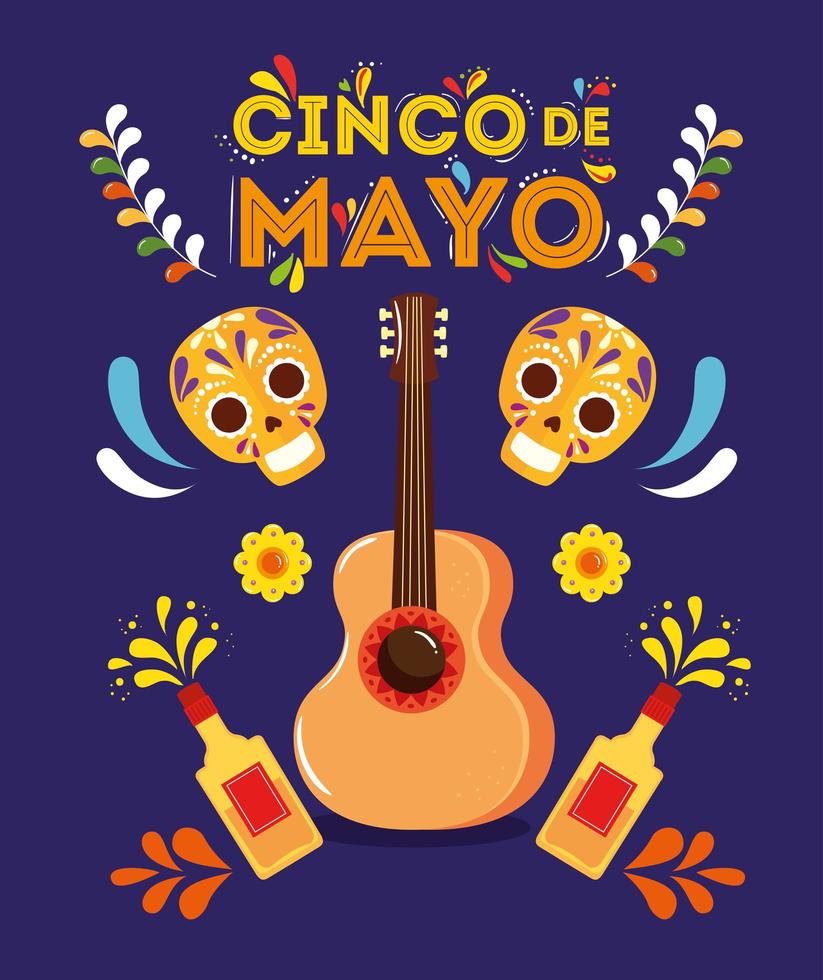 cartel del cinco de mayo con guitarra y decoración. vector