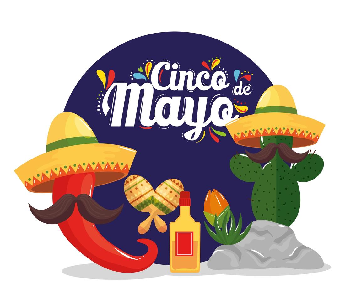 cartel del cinco de mayo con decoración de cactus e iconos vector