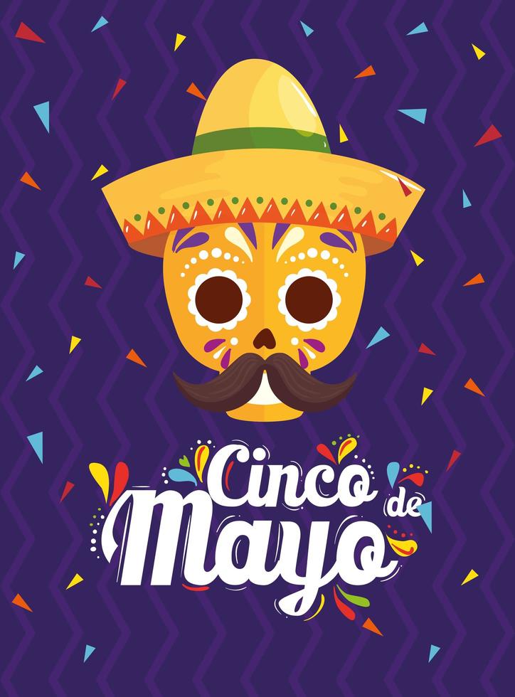 cinco de mayo poster with skull and decoration vector