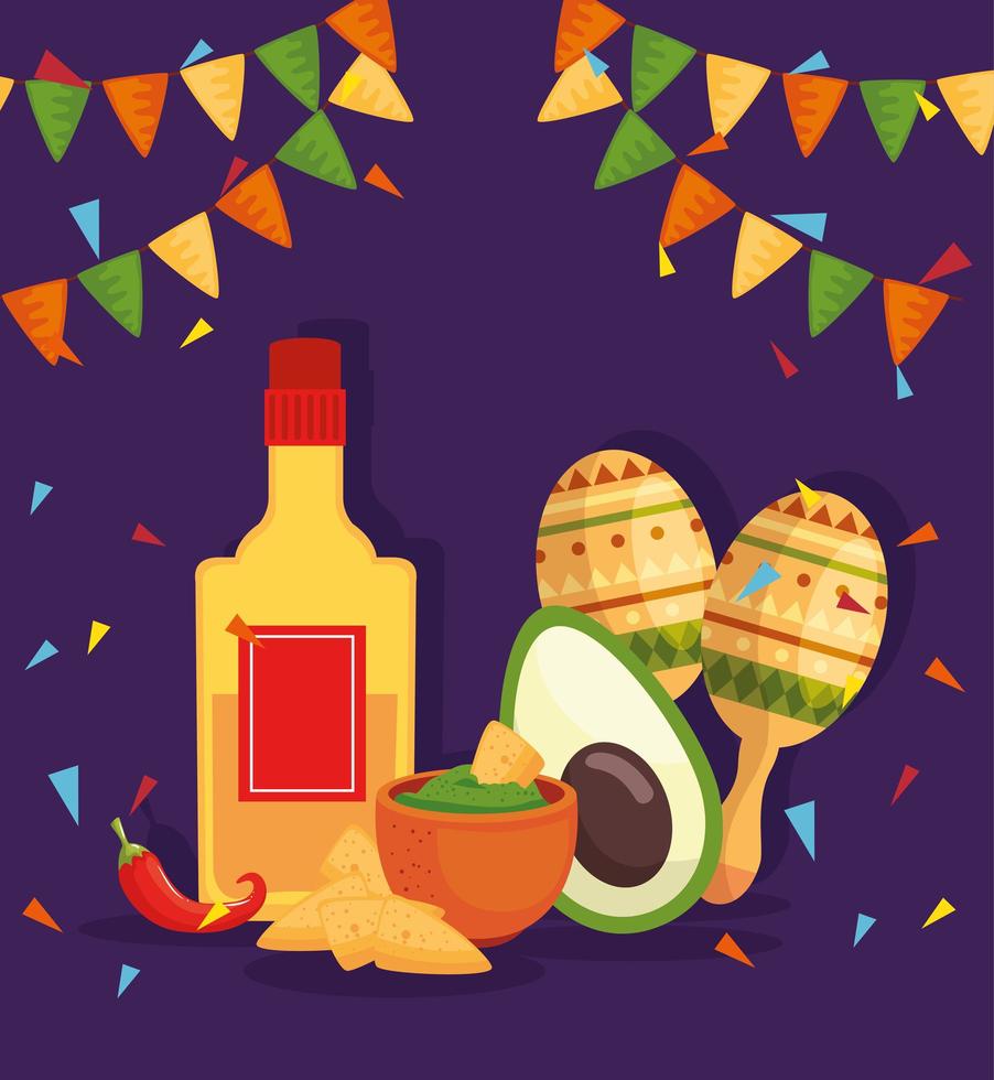 botella de tequila e iconos tradicionales del cinco de mayo vector