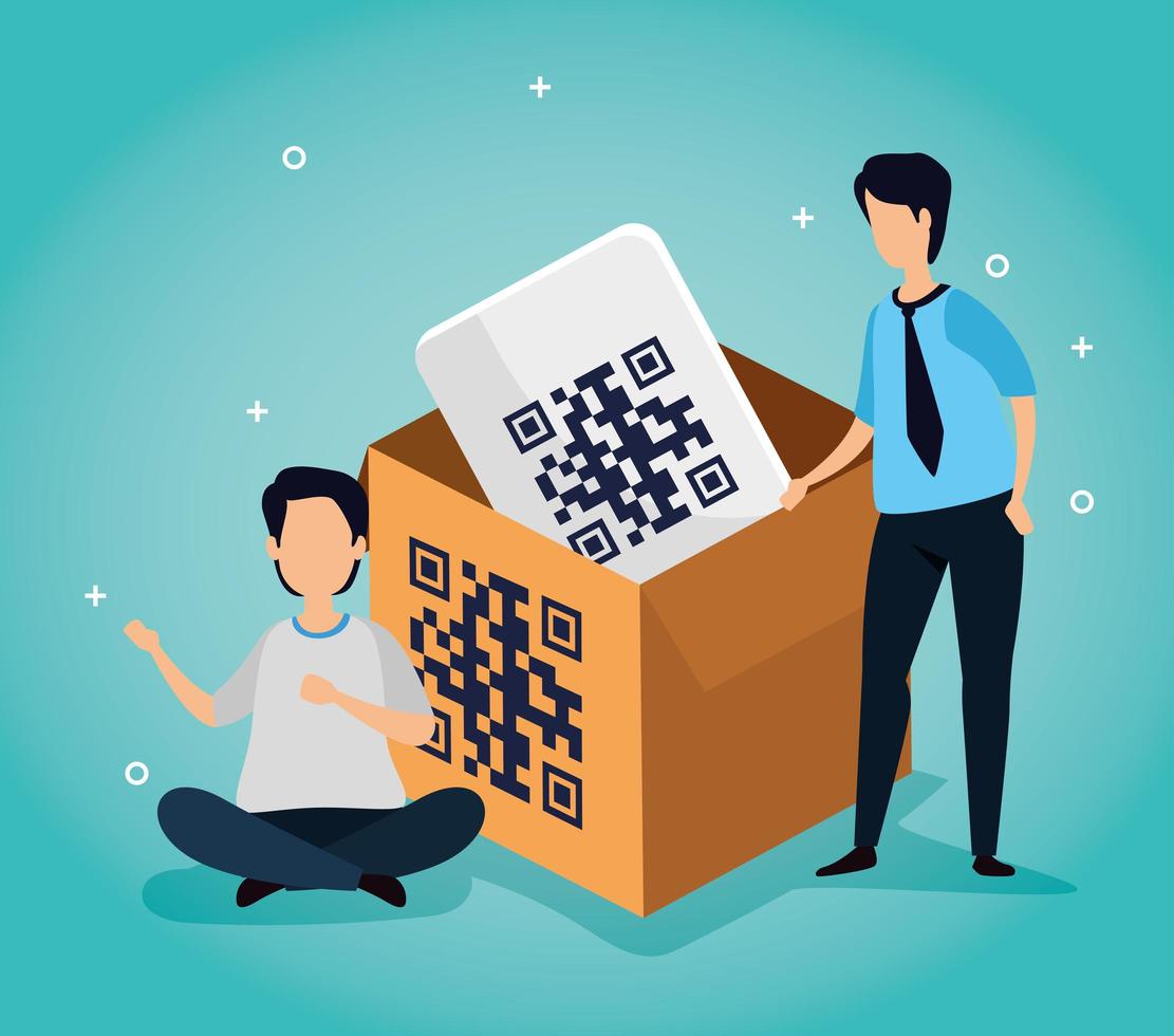 code qr in box with businessmen and icons vector