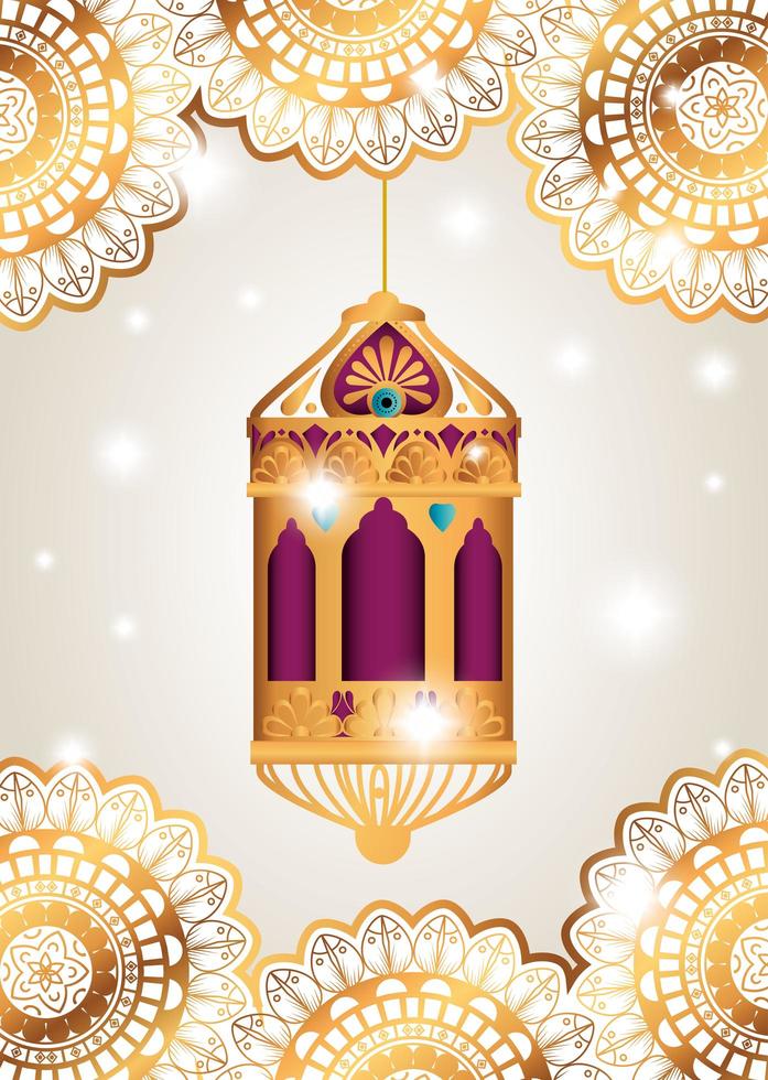 ramadan kareem poster with lantern hanging vector
