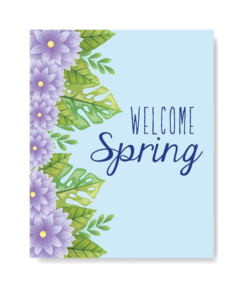 bienvenida a la primavera con decoración de flores y hojas vector