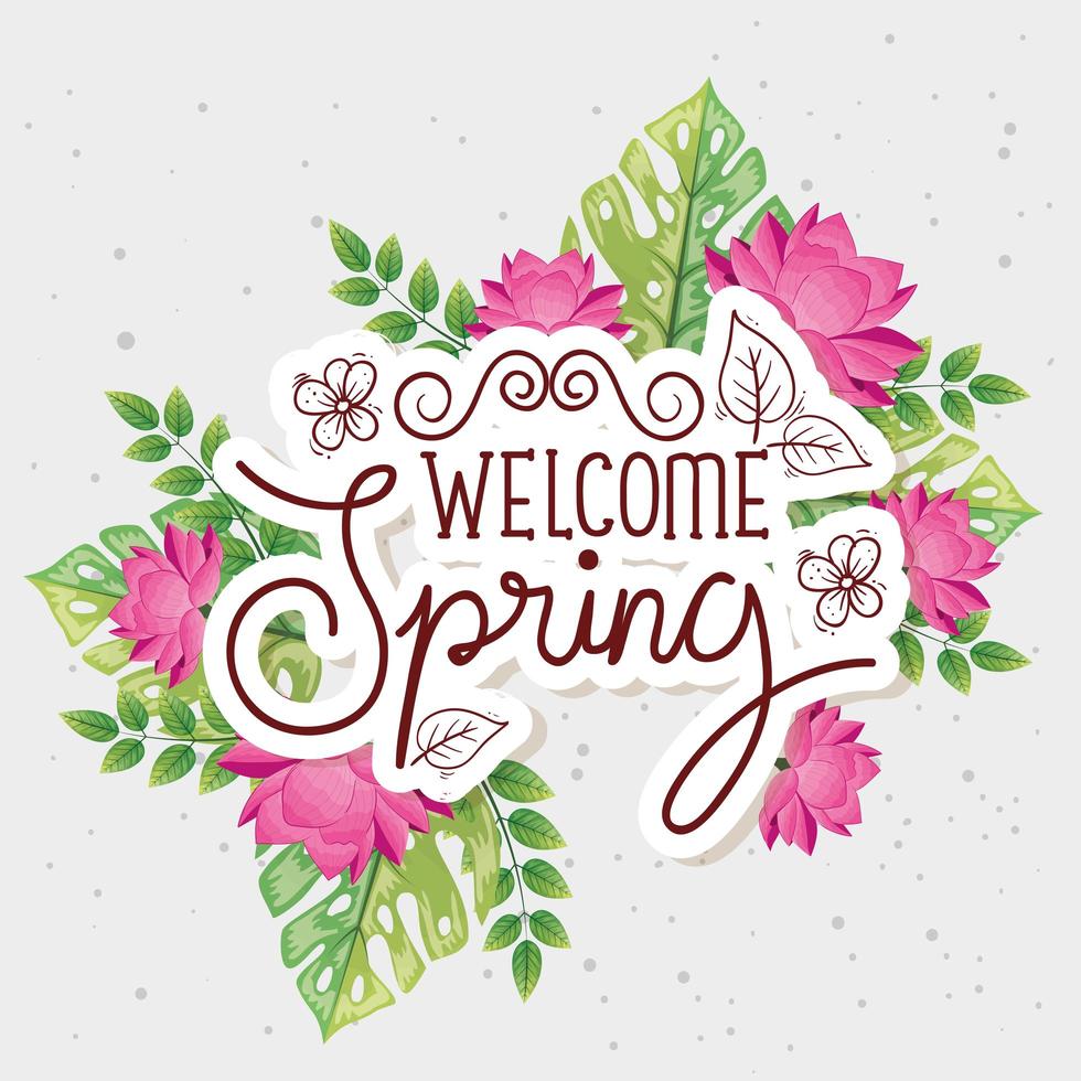 welcome spring with flowers and leafs decoration vector