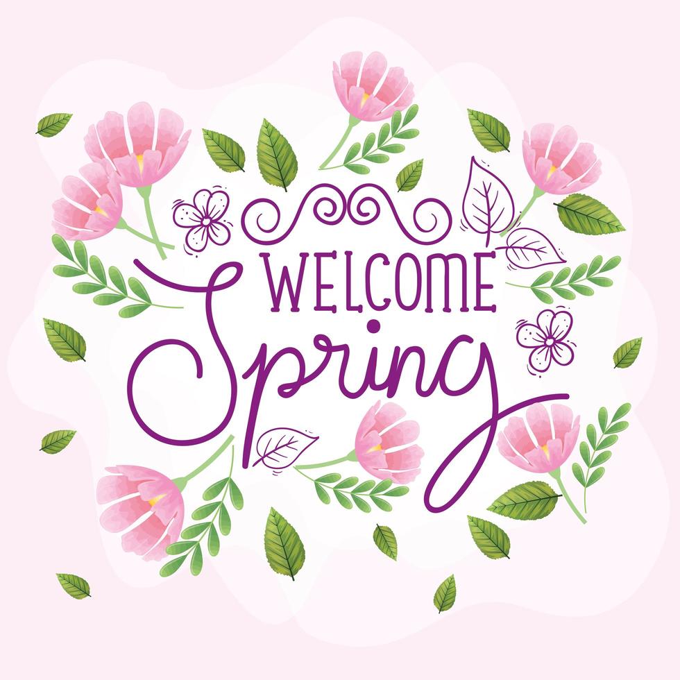 welcome spring with frame of flowers and leafs vector