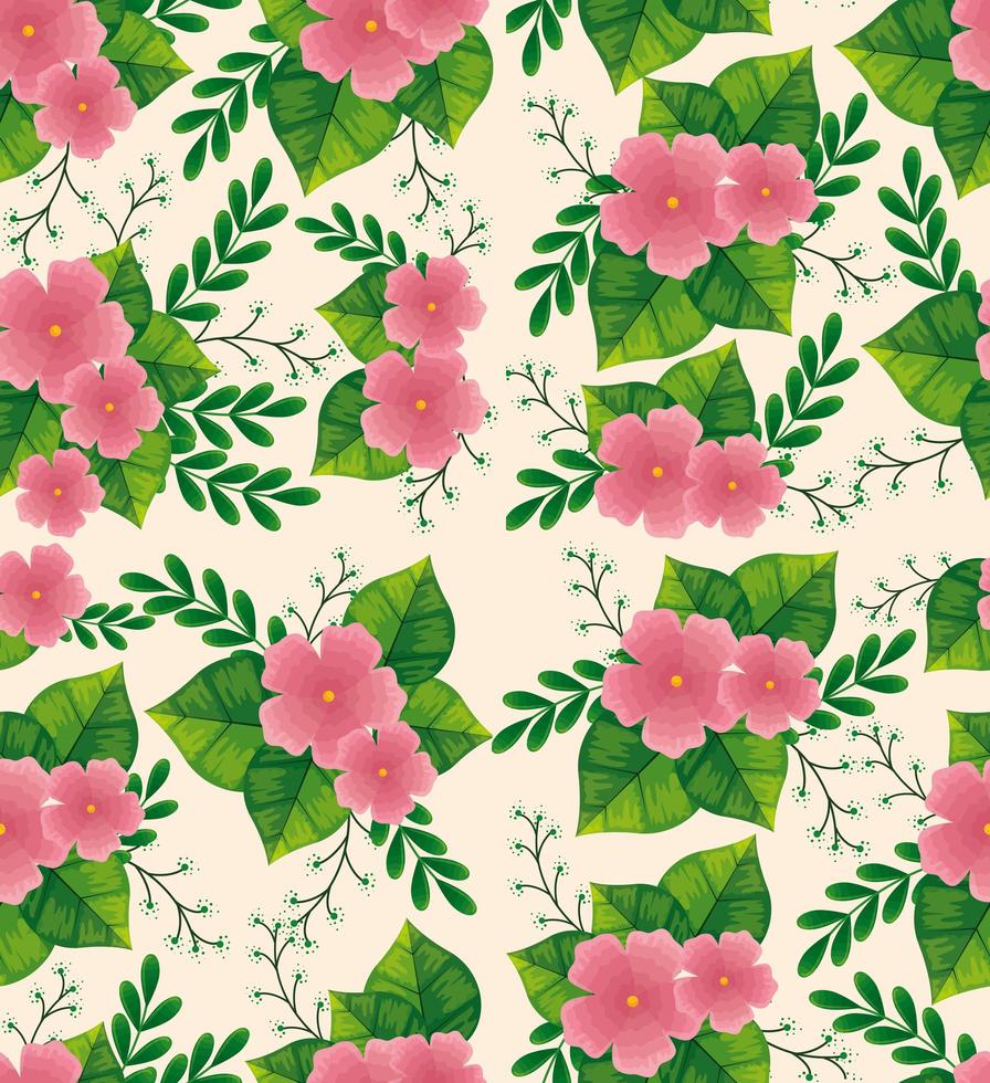 Fondo de lindas flores de color rosa con ramas y hojas. vector