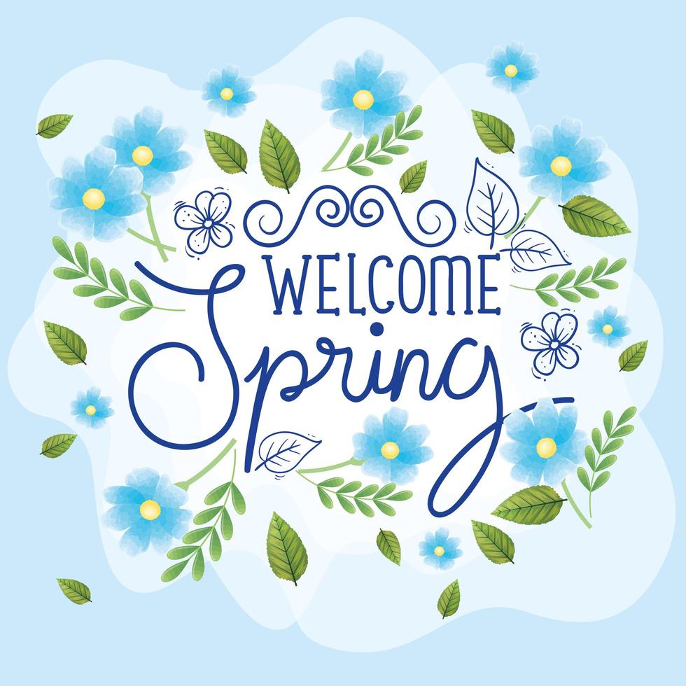welcome spring with frame of flowers and leafs vector