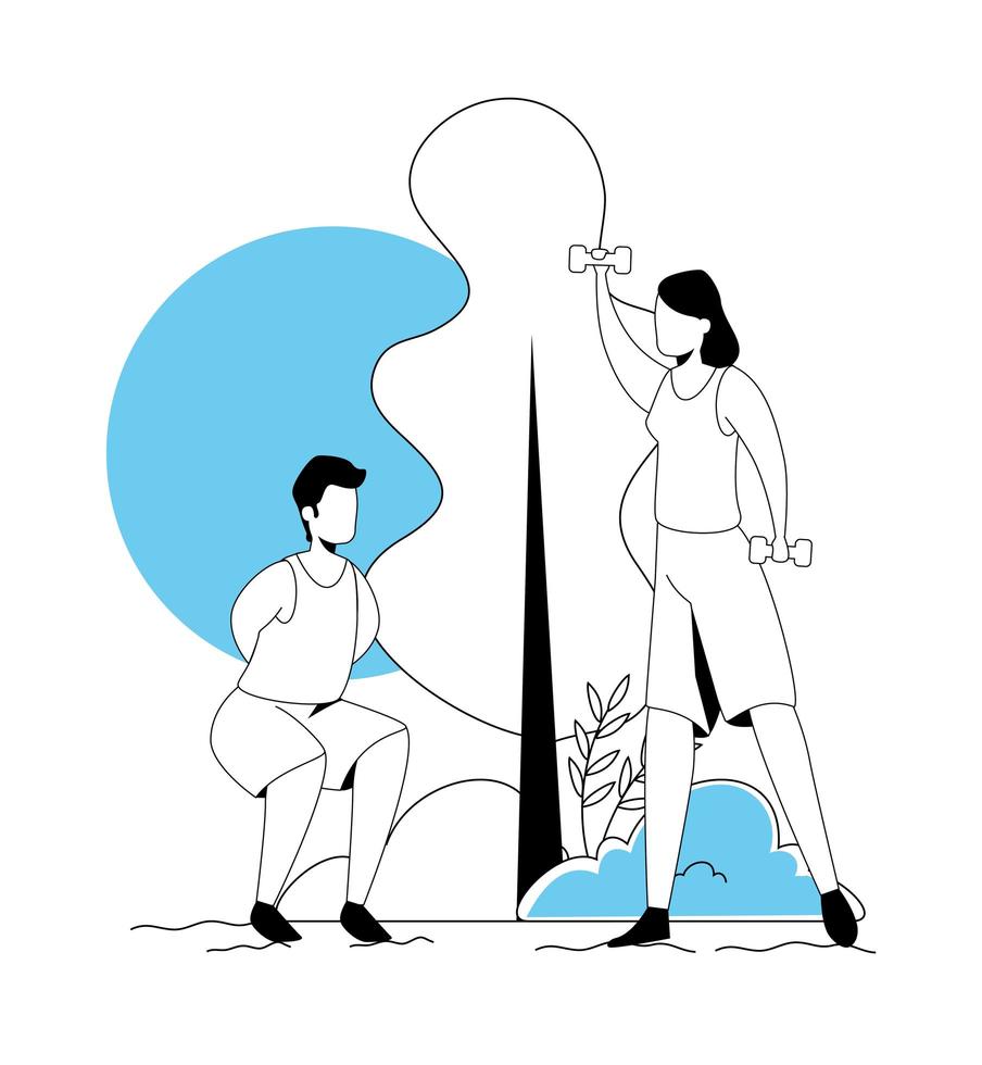 couple practicing exercise in landscape avatar character vector