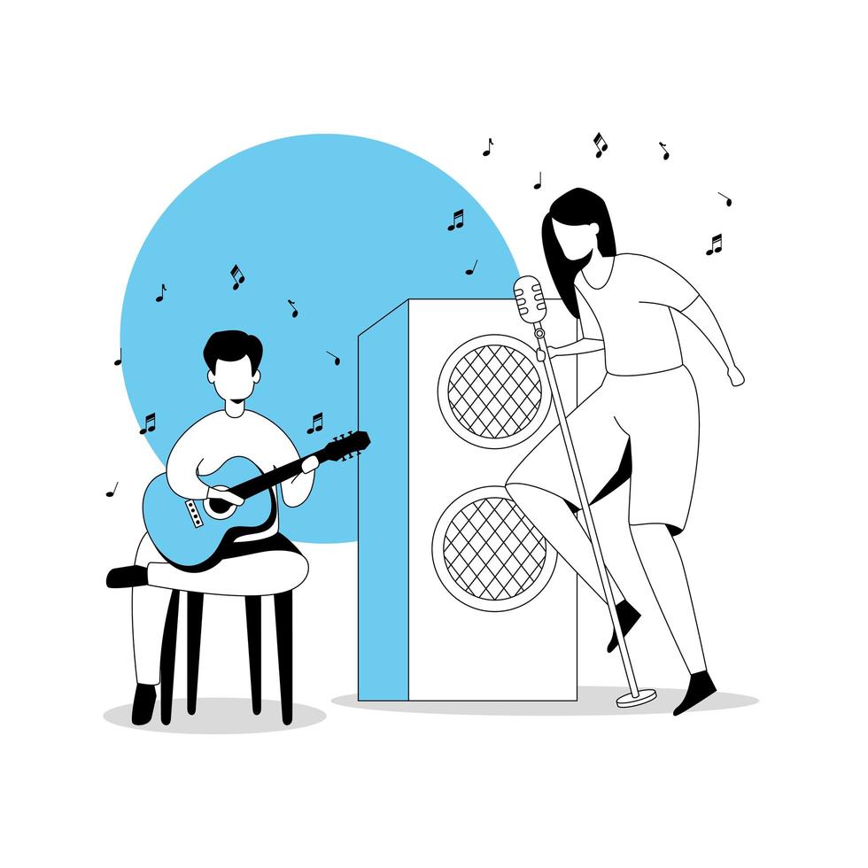 hombre con guitarra y mujer cantante vector