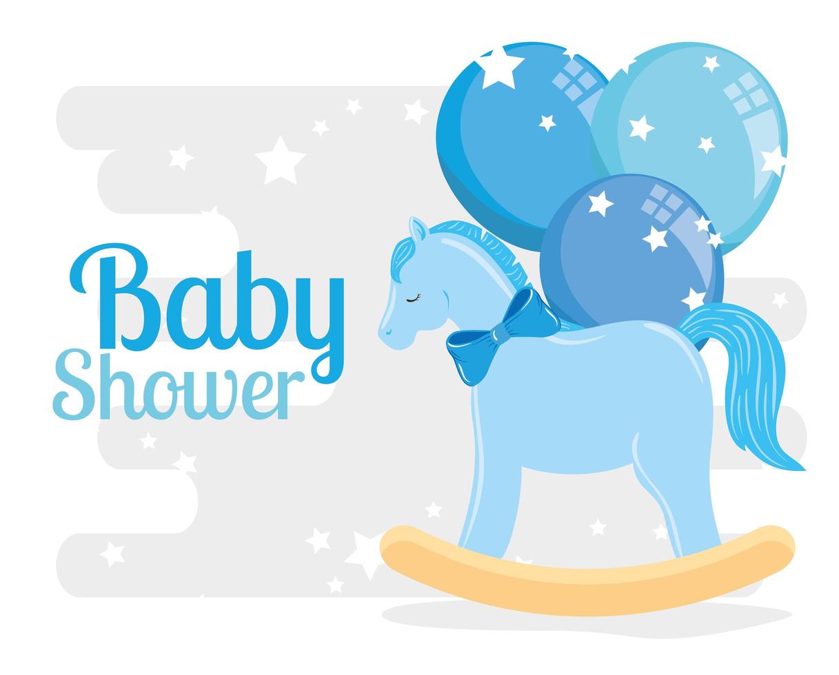 Tarjeta de baby shower con caballo de madera y decoración. vector