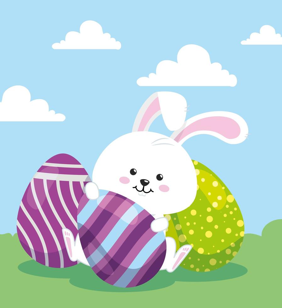 cute rabbit with eggs easter decorated vector
