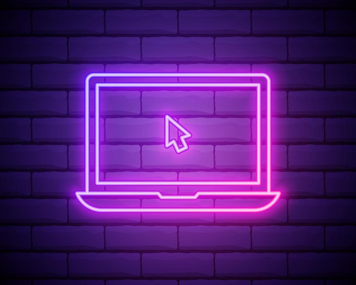 portátil de neón brillante con icono de cursor aislado sobre fondo de pared de ladrillo. ilustración vectorial vector