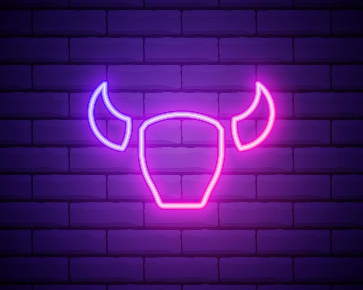 Glowing neon Buffalo skull icon isolated on brick wall background. Vector