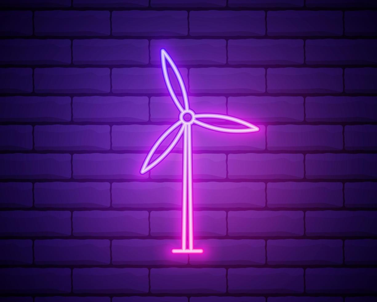 Glowing neon Wind turbine icon isolated on brick wall background. Wind generator sign. Windmill for electric power production. Vector Illustration