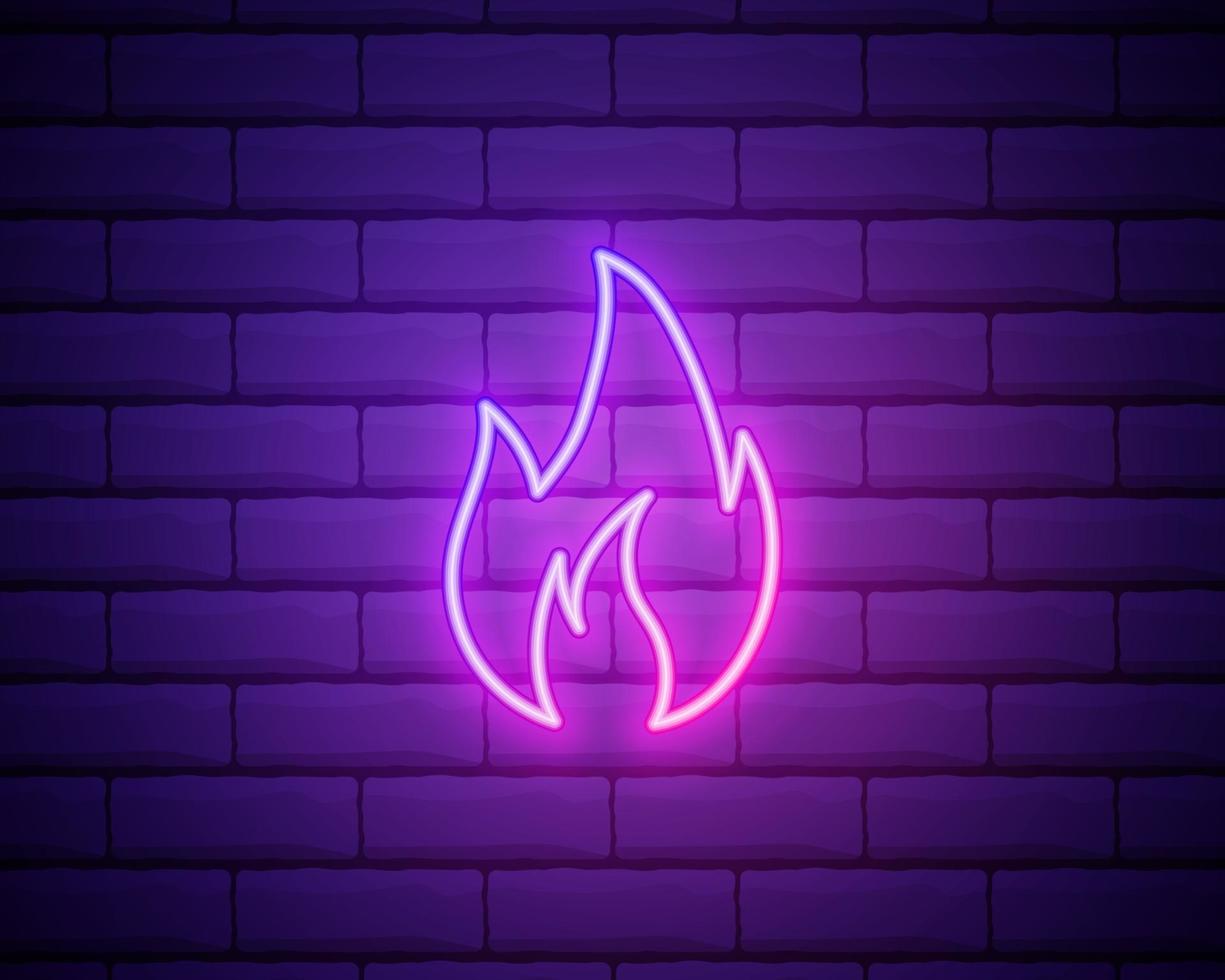 icono de fuego de neón. elementos en iconos de estilo neón. icono de llama de neón simple para sitios web, diseño web, aplicación móvil aislada en la pared de ladrillo vector