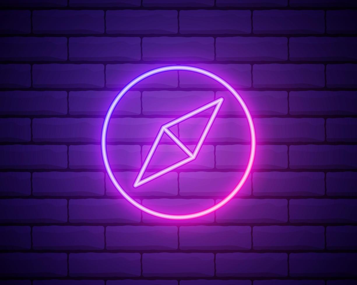 Glowing neon line Wind rose icon isolated on brick wall background. Compass icon for travel. Navigation design. Vector Illustration