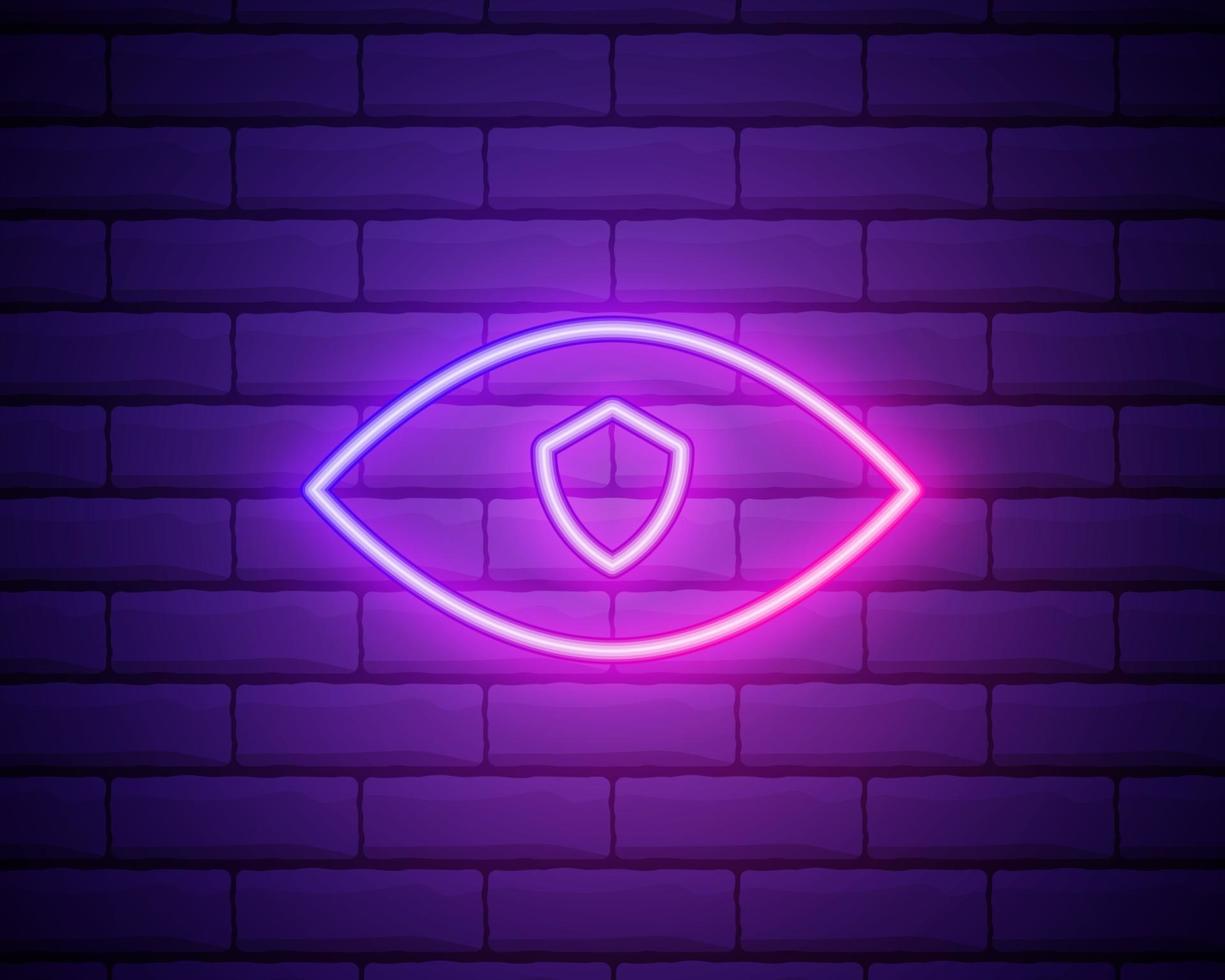 Glowing neon Shield and eye icon isolated on brick wall background. Security, safety, protection, privacy concept. Vector Illustration.