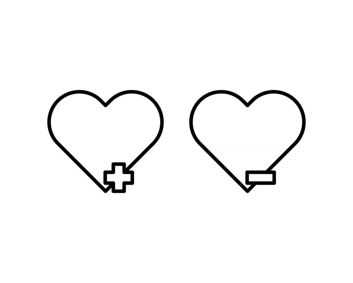 Pixel-perfect linear heart icons with plus and minus signs. The initial base line. In one-color variant. Editable strokes vector