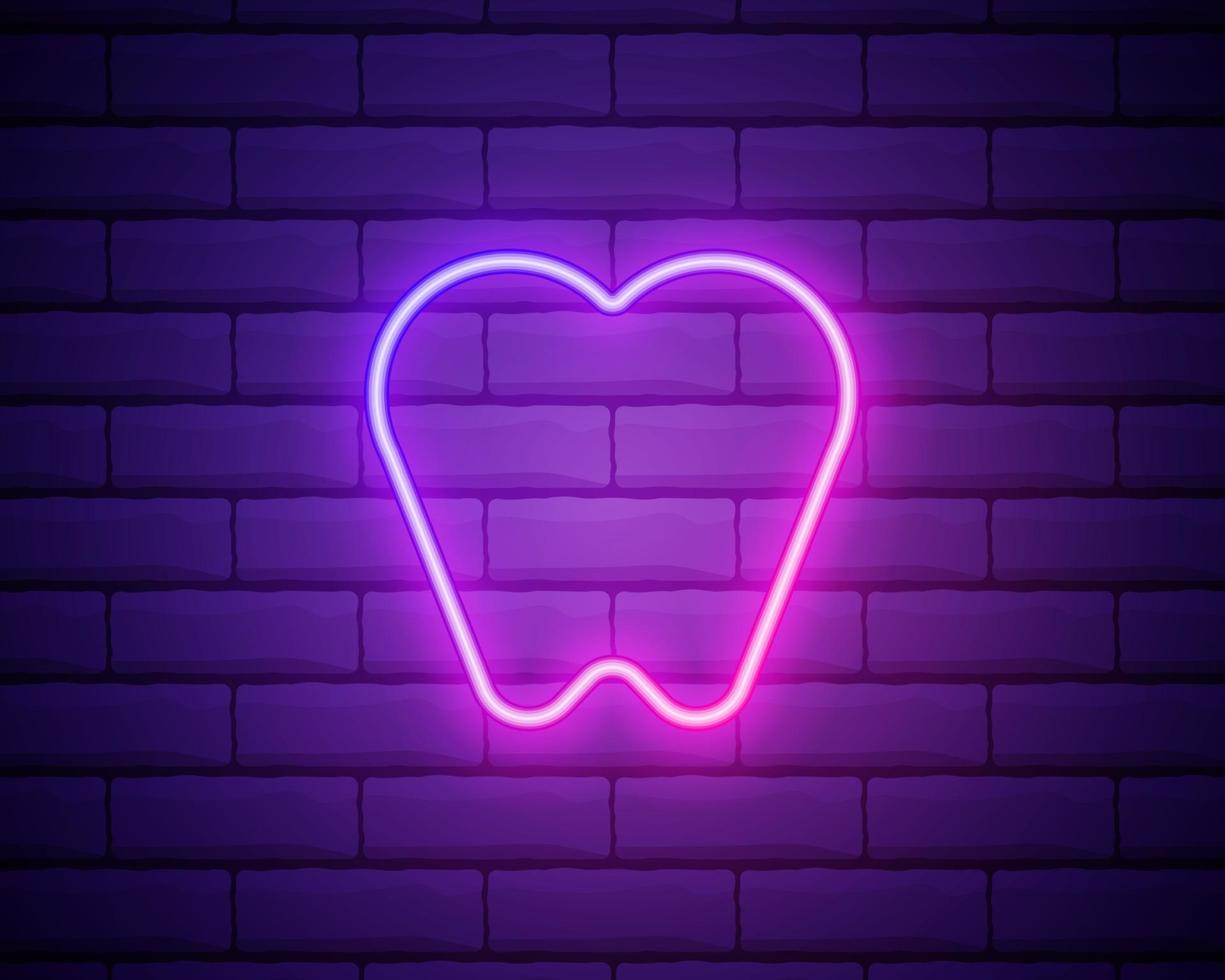 icono de neón de diente. firmar para la clínica de odontología. concepto de ortodoncia icono brillante aislado sobre fondo de pared de ladrillo. vector