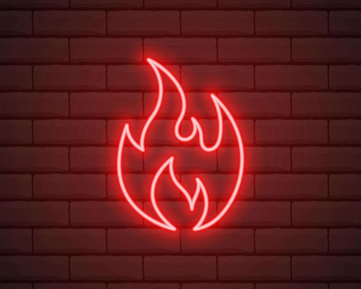 Neon fire icon. Elements in neon style icons. Simple neon flame icon for websites, web design, mobile app isolated on brick wall vector