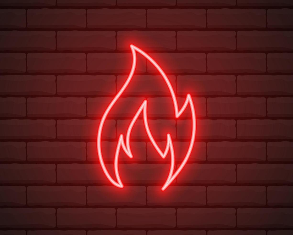 icono de fuego de neón. elementos en iconos de estilo neón. icono de llama de neón simple para sitios web, diseño web, aplicación móvil aislada en la pared de ladrillo vector