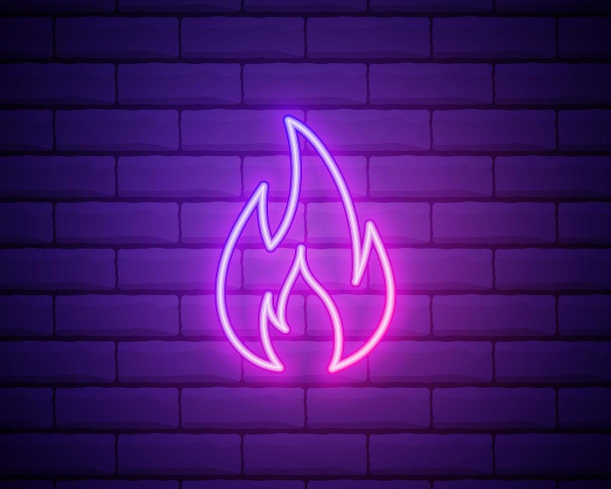 Neon fire icon. Elements in neon style icons. Simple neon flame icon for websites, web design, mobile app isolated on brick wall vector