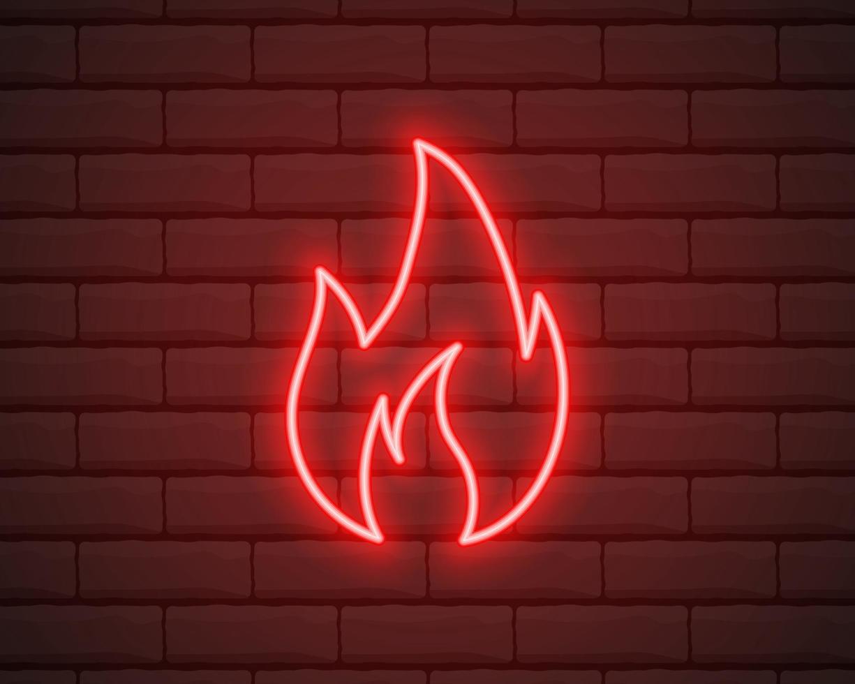 icono de fuego de neón. elementos en iconos de estilo neón. icono de llama de neón simple para sitios web, diseño web, aplicación móvil aislada en la pared de ladrillo vector