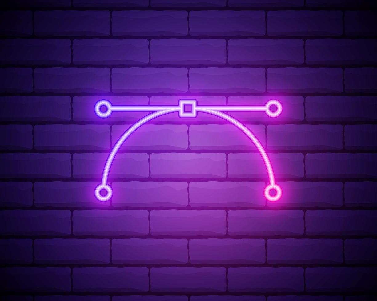 Glowing neon Bezier curve icon isolated on brick wall background. Pen tool icon. Vector Illustration