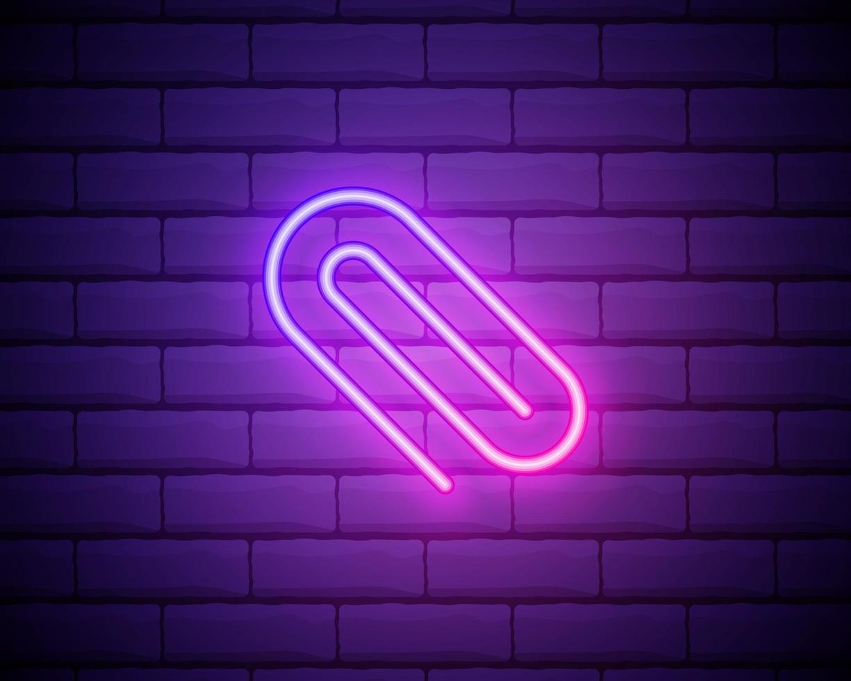 Glowing neon Paper clip icon isolated on brick wall background. Vector Illustration