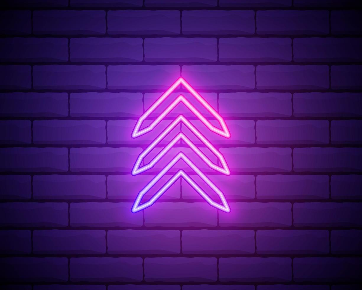 Neon arrow sign. Glowing neon arrow pointer on brick wall background. Retro signboard with bright neon tubes. Vector