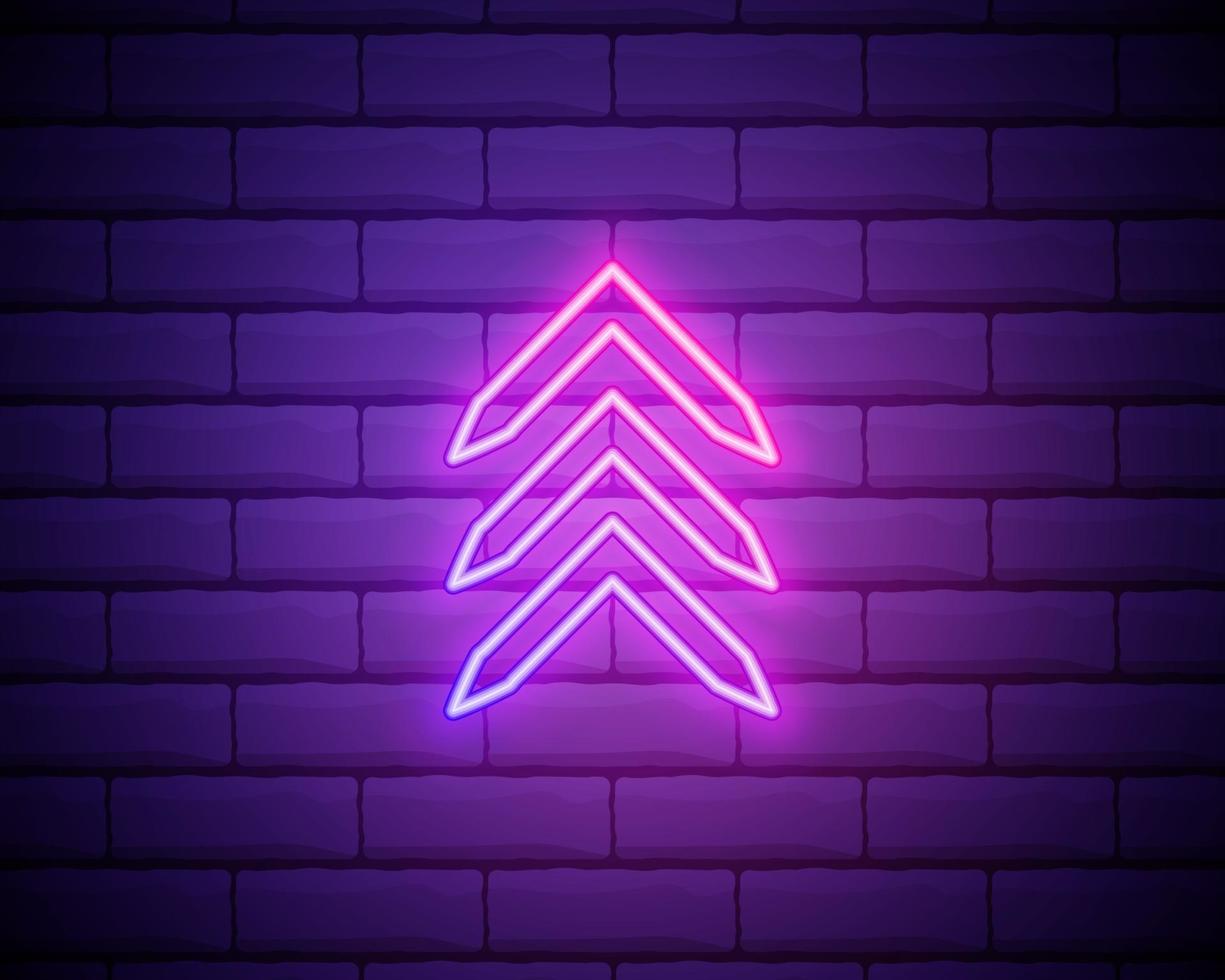 Neon arrow sign. Glowing neon arrow pointer on brick wall background. Retro signboard with bright neon tubes. Vector