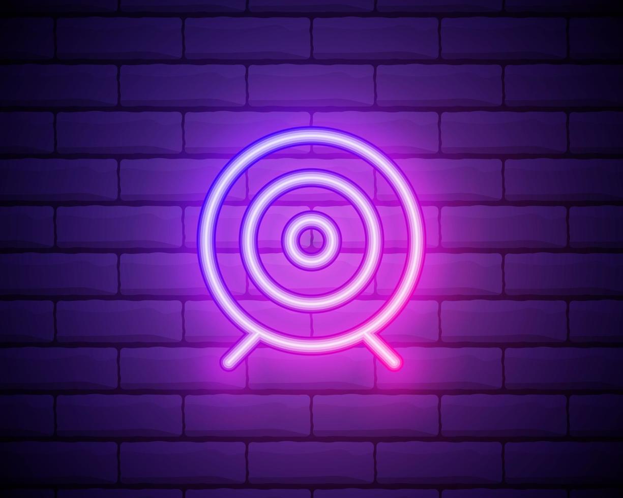 Glowing neon Target icon isolated on brick wall background. Dart board sign. Archery board icon. Dartboard sign. Business goal concept. Vector