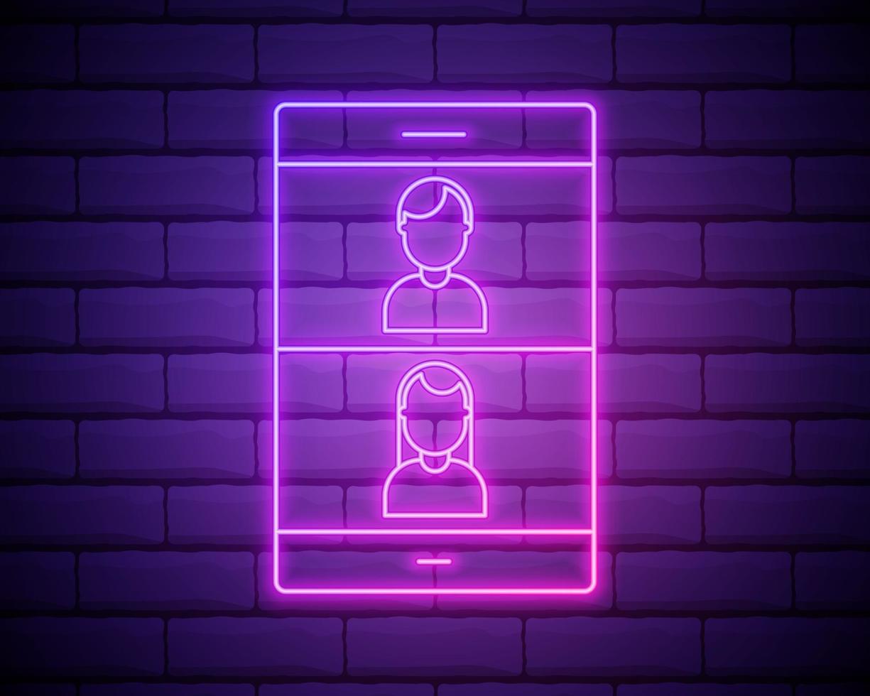 Glowing neon line Online dating app and chat icon isolated on brick wall background. International Happy Women Day. Vector Illustration