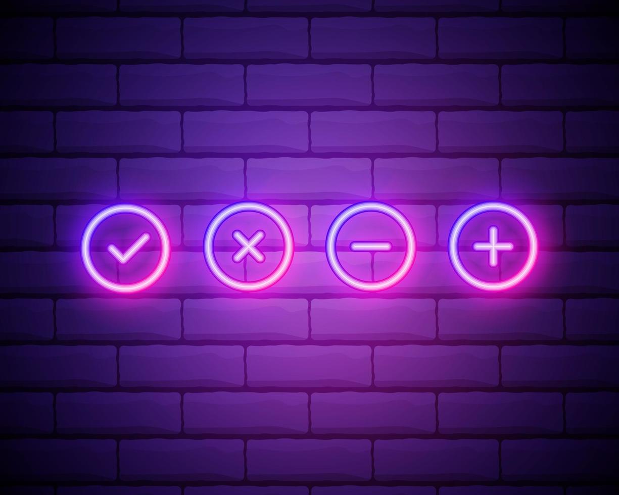 Plus, check, minus, cross sign neon icon. Simple thin line, outline vector of web icons for ui and ux, website or mobile application isolated on brick wall