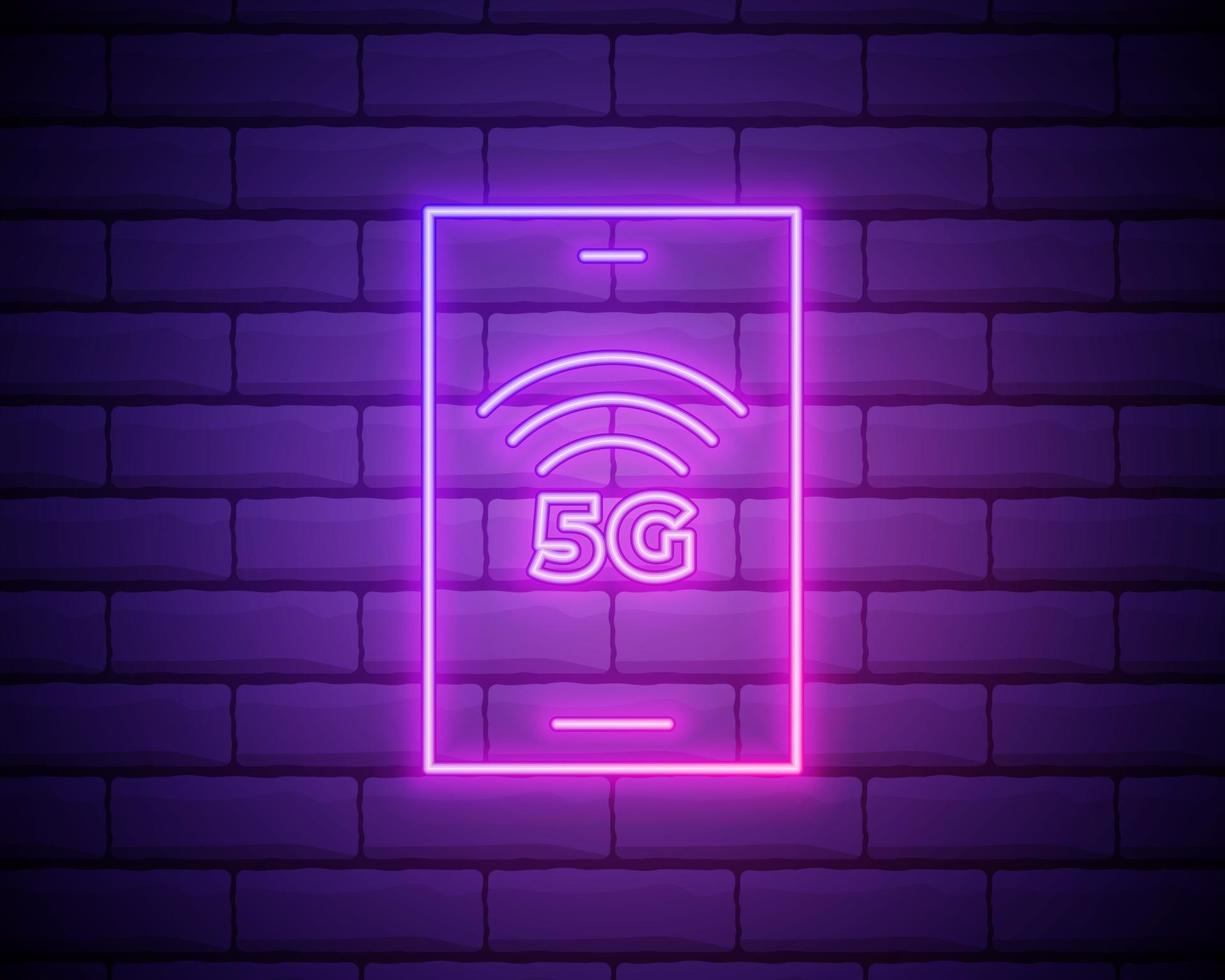 icono de red de neón 5g, tecnología móvil. letrero de neón, conexión inalámbrica a Internet 5g con tasa de transferencia de datos de alta velocidad para teléfonos. símbolo brillante aislado, ilustración vectorial aislado en la pared de ladrillo vector