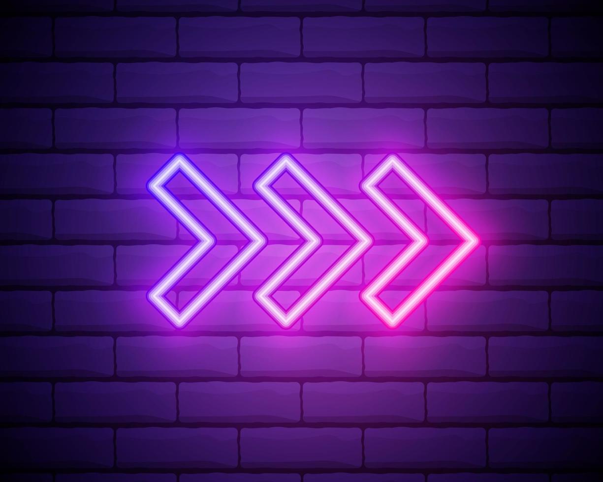 Neon arrow sign. Glowing neon arrow pointer on brick wall background. Retro signboard with bright neon tubes. Vector