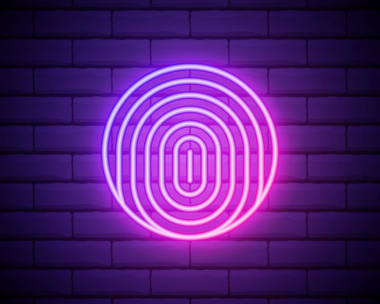 Glowing neon Fingerprint icon isolated on brick wall background. ID app icon. Identification sign. Touch id. Vector Illustration.