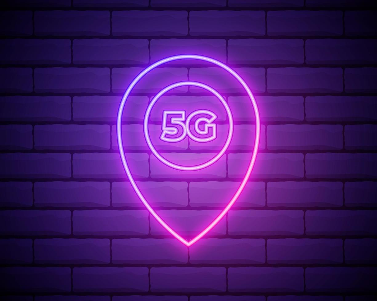 Neon 5G network Icon, Mobile Technology. Neon Sign, Wireless 5G internet connection with High speed data transfer rate for phones. Isolated glowing Symbol, Vector illustration isolated on brick wall